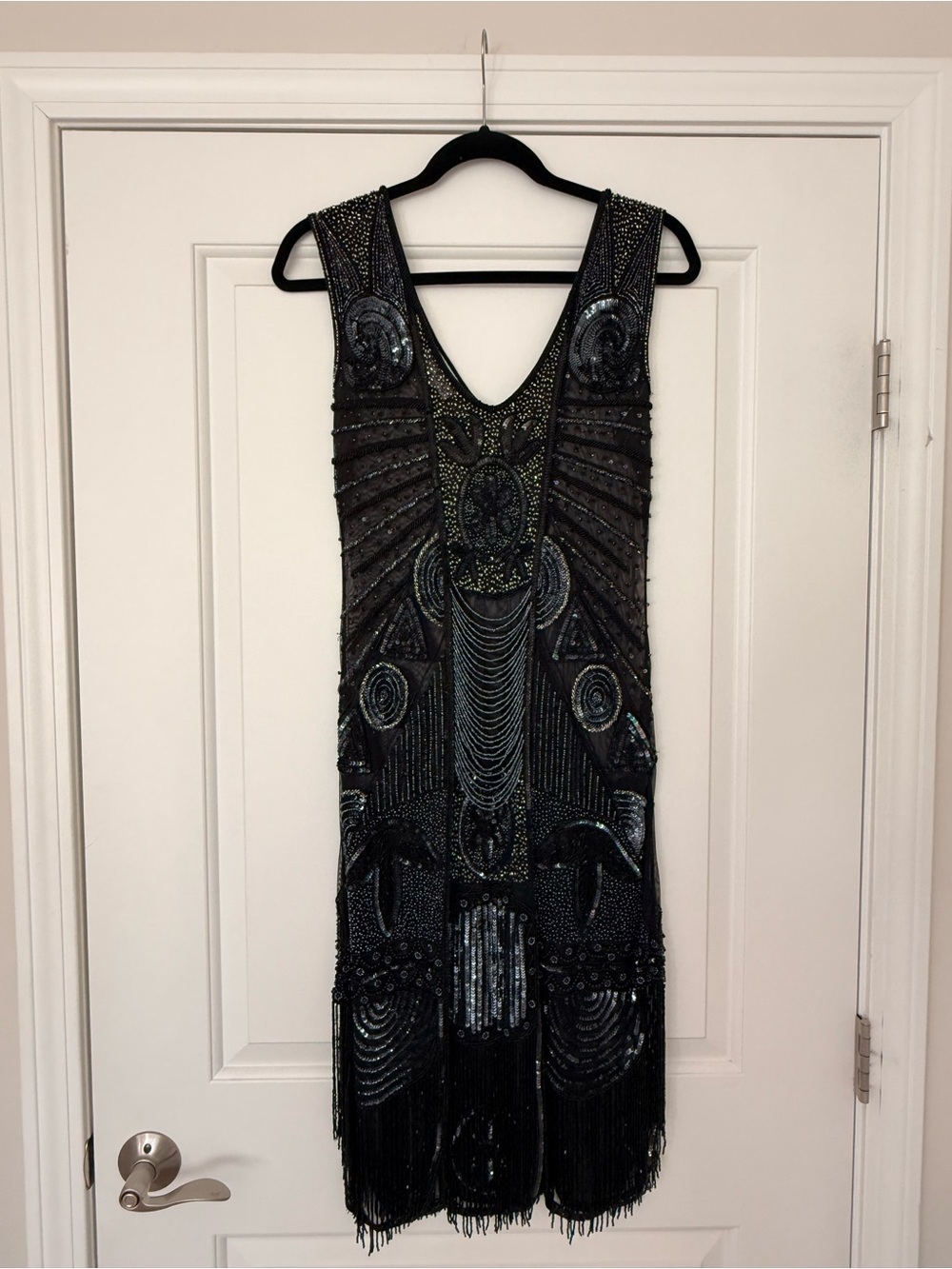 Unique Vintage Black Beaded Fringe Midi Dress